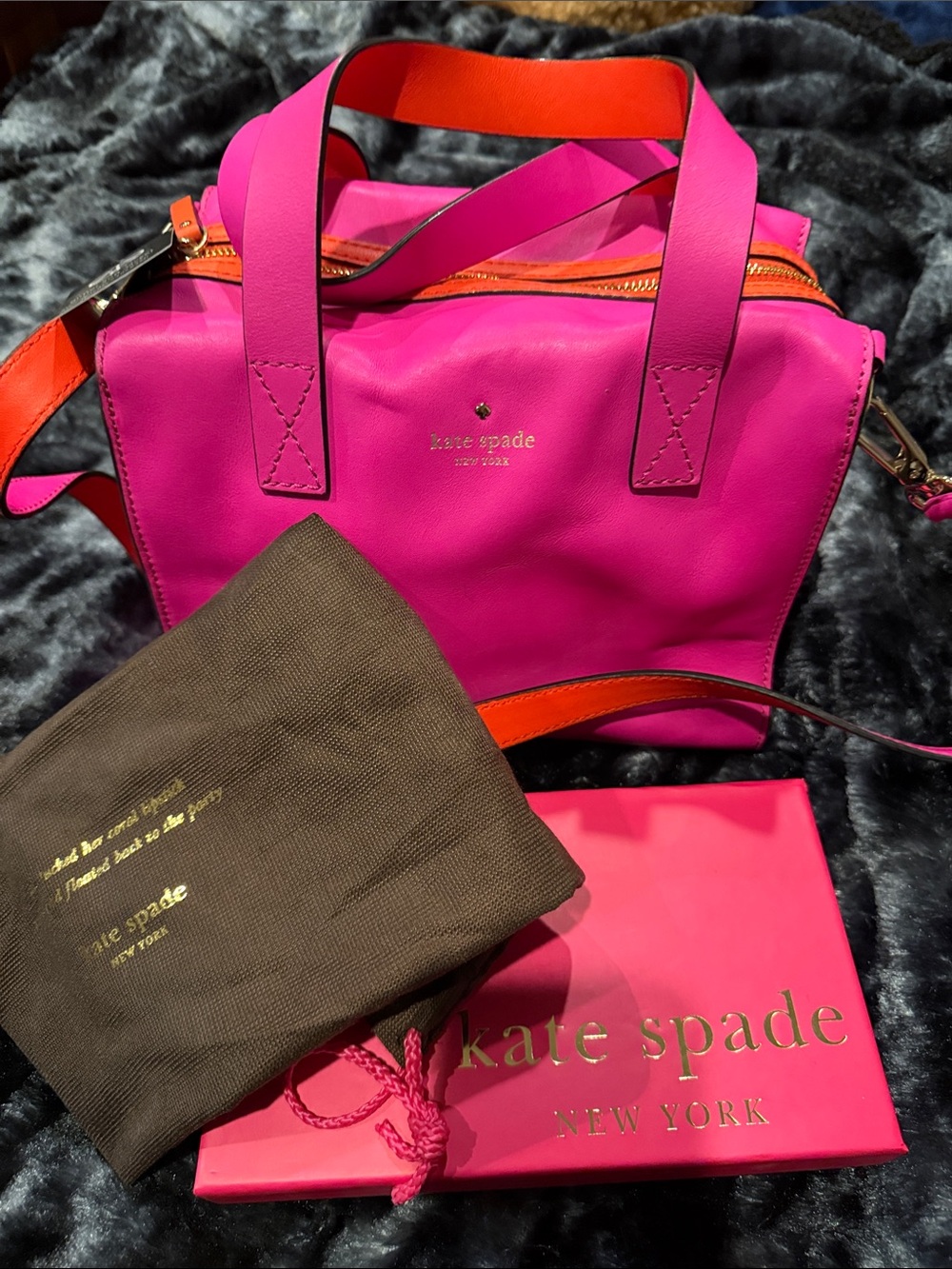kate spade Hot Pink Leather Satchel with Orange Trim and Strap. BRAND NEW